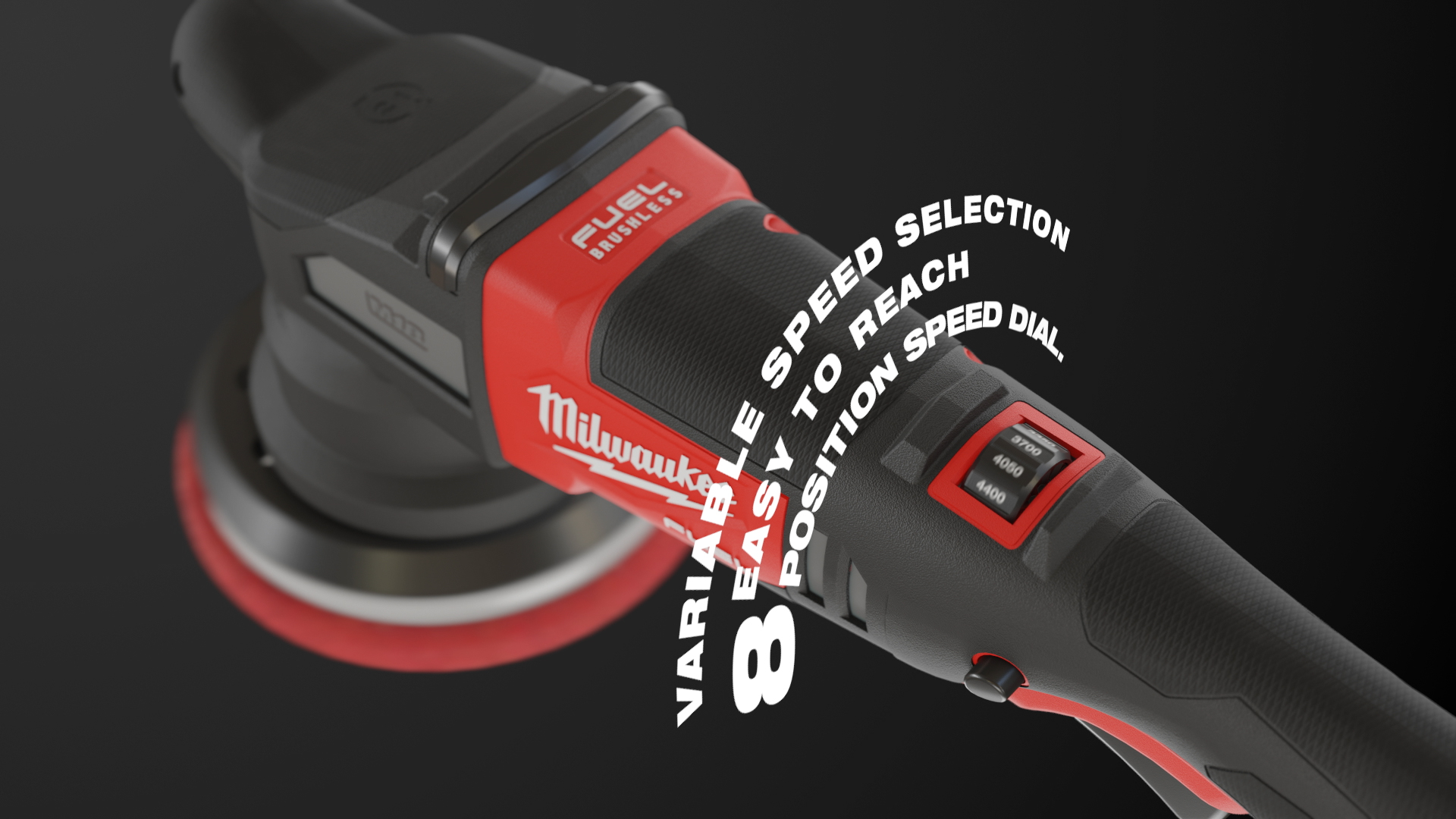 Curved typography wrapping the M18 polisher to call out its variable speeds
